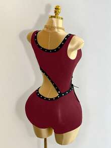 Mistrie 这款女士新款无袖V领性感开襟抽绳设计，性感不规则镂空女士连体裤，脚趾镶嵌装饰设计带有朋克风格，女士街头服饰，适合万圣节节日。 - 紅色 - 查看 2