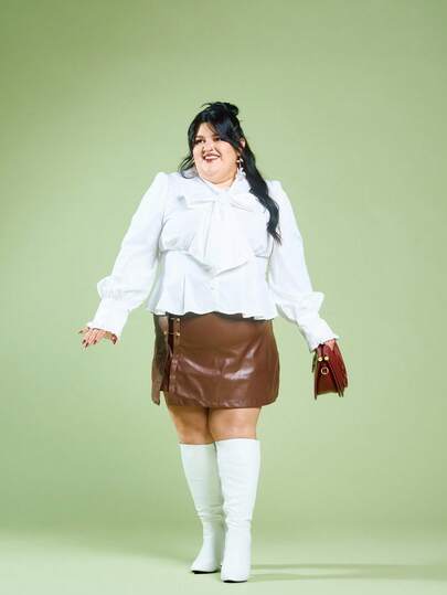 SHEIN MOD 加大码棕色侧开衩金属边仿皮A字裙，外出裙，复古裙，秋季服装，性感裙，皮裙