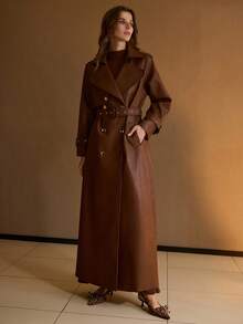 MOTF PREMIUM PU LEATHER DOUBLE BREASTED BELTED TRENCH COAT - Brown - View 6