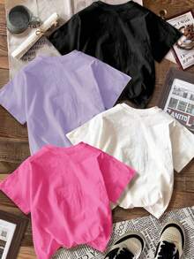 SHEIN Leap Crew Áo thun cổ tròn tay ngắn cơ bản thường ngày cho bé gái tuổi mới lớn nhiều gói, phù hợp cho mùa hè - Nhiều màu - Xem 2