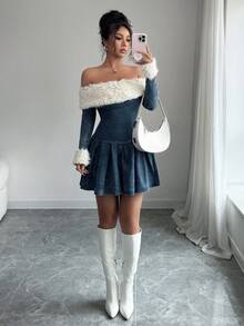 Siren Gaze 女士保暖衬里加厚牛仔连衣裙，休闲紧身弹力插肩毛绒拼布连衣裙，冬季女装，感恩节女装，长袖连衣裙，蓝色长袖连衣裙，蓝色露肩连衣裙，蓬松连衣裙，圣诞派对连衣裙 - 深色水洗藍 - 查看 5