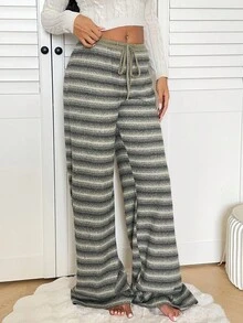 Aloruh Women's Vintage Striped Knit Low Waist Wide Leg Pants, Autumn/Winter