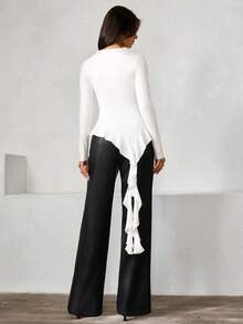 Islaluna Blusa de manga larga con cuello redondo elegante de punto, con adornos de strass y volante asimétrico en el bajo para mujer