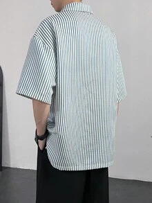 Claim Dot Men's Striped Short Sleeve Casual Loose Button-Down Shirt