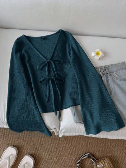 SHEIN LUNE 女士休闲纯色系带喇叭袖上衣 绿色上衣 深绿色上衣 针织衫 绿色开衫 田园风服装，休闲