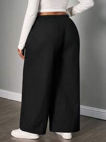 SHEIN PETITE CURVE 大码可爱白色梭织女式休闲裤， - 白色 - 查看 2