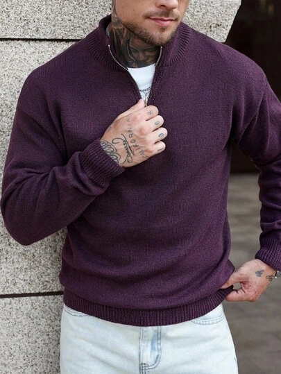 Manfinity Mode Men's Casual Solid Color Quarter Zip Sweater, Autumn/Winter, Old Money, Long Sleeve Top