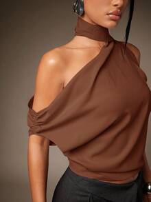 Hauture Sexy Mob Wife Party Casual One Shoulder Neck Scarf Ruched Blouse Top