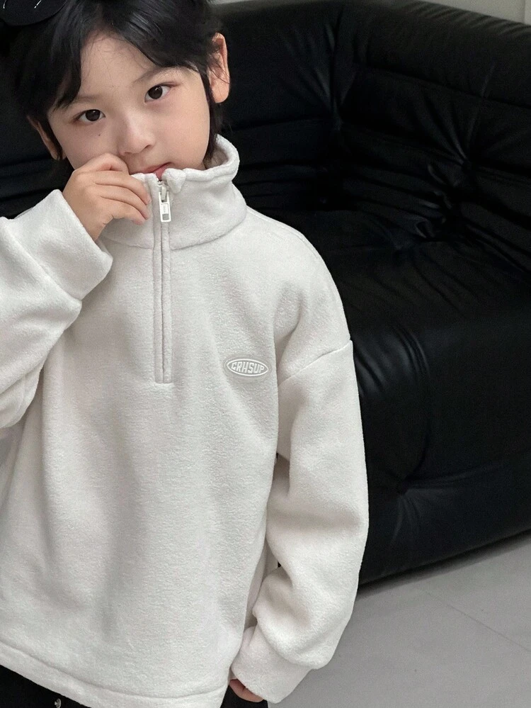 Kids Fall Clothes, Young Boys Casual Loose Fit Sweatshirt With Silicone Label, Minimalist Style For Autumn