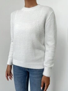 EURMUSE Solid Fuzzy Sweater - White - View 4