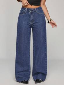 SHEIN PETITE Women's Asymmetric Waist Pocket Wide Leg Loose Casual Denim Pants ,Petite Women - Dark Wash - View 1
