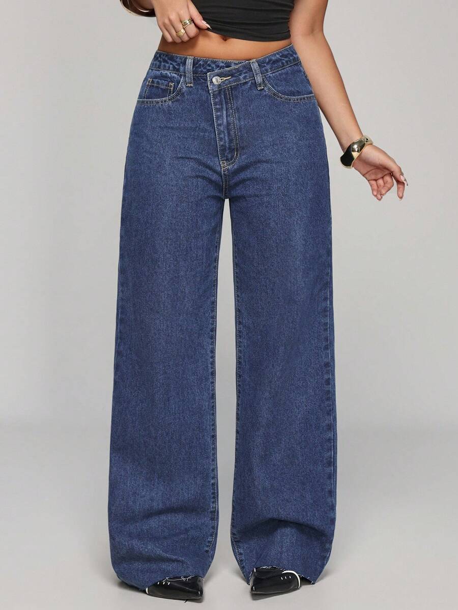 SHEIN PETITE Women's Asymmetric Waist Pocket Wide Leg Loose Casual Denim Pants ,Petite Women - Dark Wash - View 1