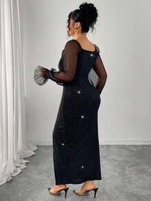 Elenzga Plus Size Women's Knit Dress With Metallic Sequins & Sheer Mesh Panels, Luxury Party Long Sleeve Square Neck Black Dress, Autumn/Winter