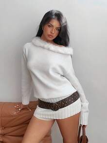 SHEIN EZwear Asymmetric Collar Faux Fur Patchwork Long Sleeve Sweater Dress For Women, Autumn/Winter,New Year Women's Clothes ,Christmas Women's Clothing - Grey - View 5