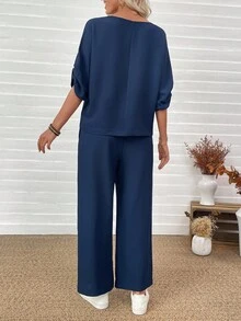 EMERY ROSE 2 Pieces Set Women's Solid Color Round Neck Pleated 3/4 Sleeve Loose Shirt And Pants Casual 2 Pieces Set Two Pieces Set Women Two Pieces Casual Set Blouse And Pants Set Comfortable Two Pieces Set 2 Pieces Set Fall Clothes For Women