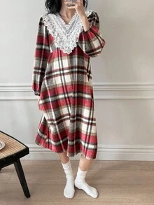 DAZY Women's Thick Brushed Plaid Fabric Contrast Trim Collar Nightgown, Winter Pajama - Red - View 5