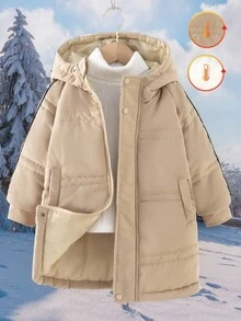 女童卡其色加厚中长款棉服，百搭冬季连帽棉服 - 卡其色 - 查看 3