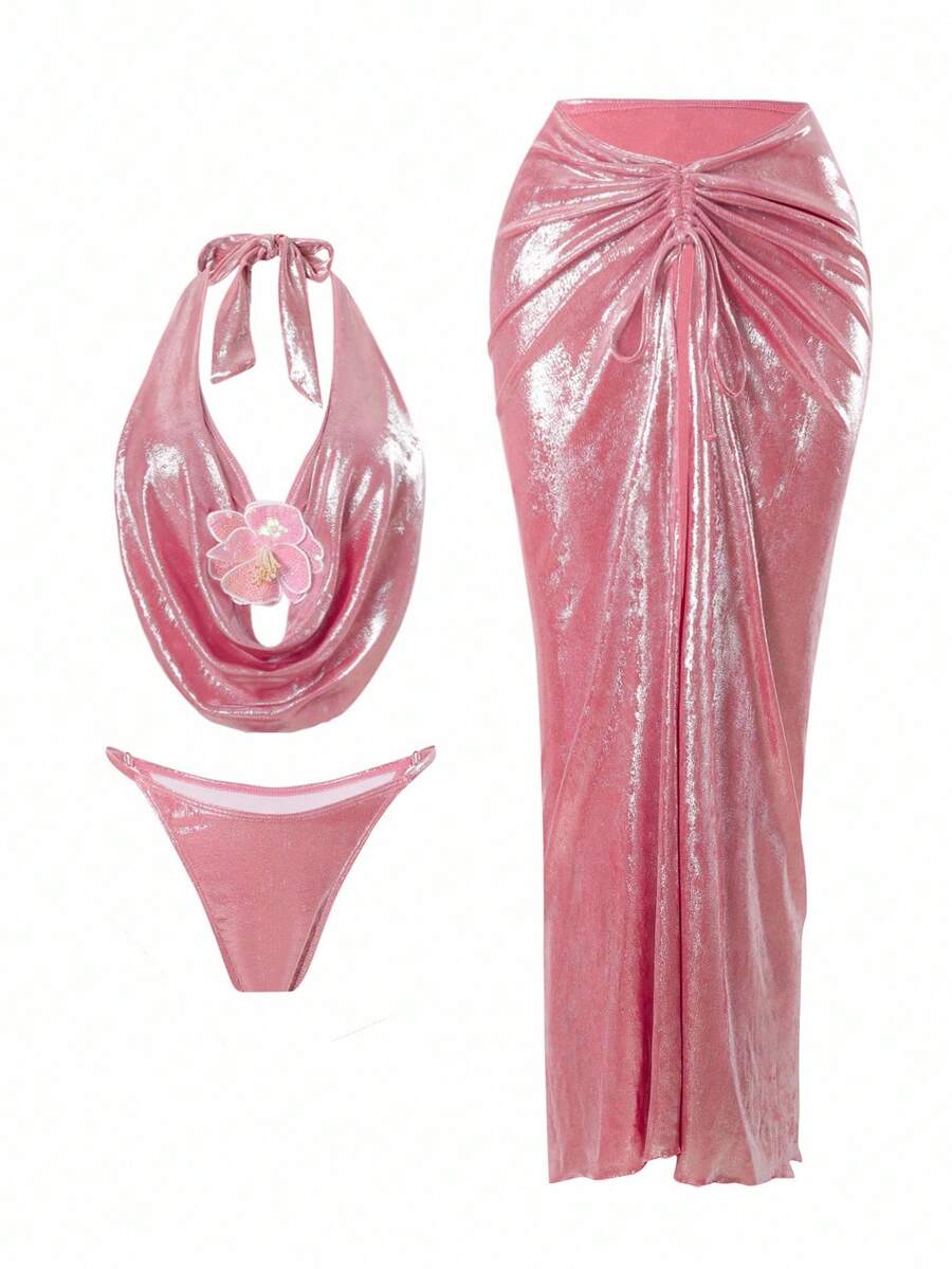 Swim Oasis 女士沙滩装 - 金属亮粉色比基尼套装，深垂领，褶饰腰部超长裙，时尚度假休闲性感甜美 3 件套比基尼超长裙套装 - 藕粉色 - 查看 1