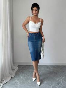 Siren Gaze 牛仔裙 牛仔裙 女式休闲修身牛仔铅笔裙，及膝，有弹性，蓝色 - 藍色 - 查看 6