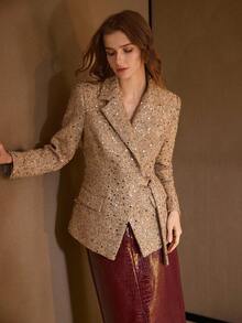MOTF PREMIUM SEQUINS LAPEL COLLAR D-RING BELT COAT - Khaki - View 5