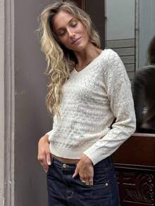 Pariaura Women's Autumn/Winter New Lace Hollow Out Elegant Sexy Versatile Loose High-Quality Stylish Lace Patchwork Unique Design Sense Pullover Sweater Top - Apricot - View 4