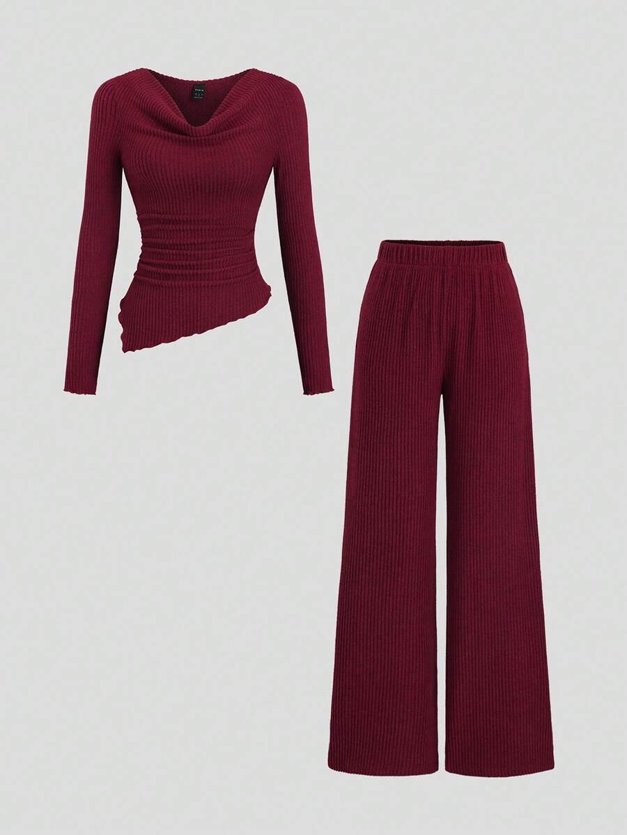Sweetra 2 件套：休闲舒适弹力喇叭裤和长袖酒红色衬衫，秋冬 - 酒紅色 - 查看 1