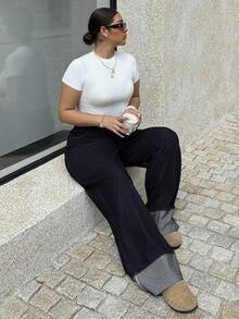 Dripcurv Quần jean ống rộng túi cài nút thường ngày cỡ lớn dành cho nữ - Rửa tối - Xem 1