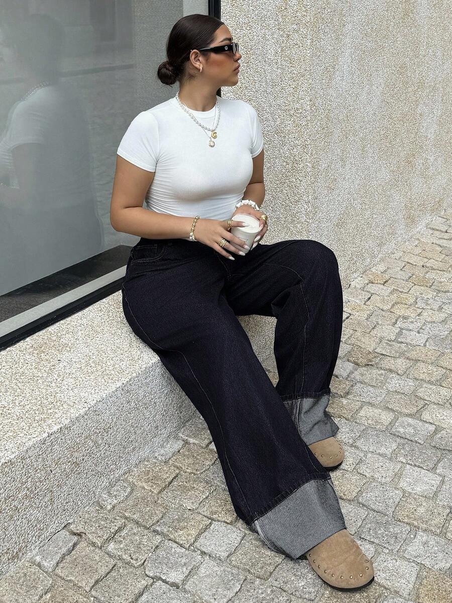 Dripcurv Quần jean ống rộng túi cài nút thường ngày cỡ lớn dành cho nữ - Rửa tối - Xem 1