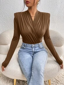 Firerie Women's Solid Color Overlap V-Neck Long Sleeve Pleated Bodysuit - Chocolate Brown - View 5