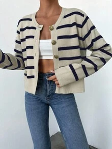 EURMUSE Women's Striped Cardigan - Navy Blue - View 4