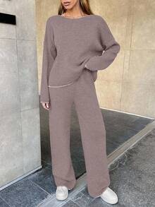 EURMUSE Women's Knitwear Co-Ords With Stitch Detail - Dusty Pink - View 7