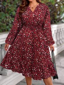 EMERY ROSE Plus Size Women's Burgundy V-Neck Allover Print Lantern Sleeve Dress, Autumn - Red - View 4
