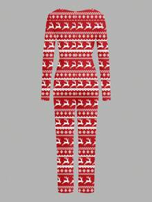 SHEIN LUNE Christmas Striped Pajamas With Button Front, Burgundy Reindeer & Snowflake Print, Slim Fit, Suitable For Party And Home Wear, Women Jumpsuit Pajamas - Multicolor - View 4