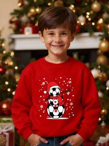 Sudadera de cuello redondo con estampado gráfico de fútbol y muñeco de nieve navideño para niños preadolescentes. Diseño de dibujos animados lindo, cómodo y cálido, adecuado para fiestas de Navidad y salidas, otoño/invierno