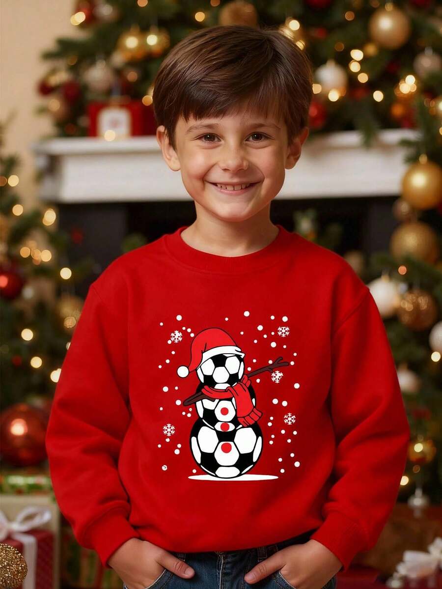 Sudadera de cuello redondo con estampado gráfico de fútbol y muñeco de nieve navideño para niños preadolescentes. Diseño de dibujos animados lindo, cómodo y cálido, adecuado para fiestas de Navidad y salidas, otoño/invierno
