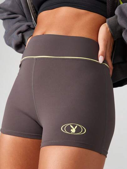 Missguided x Playboy Quần short bó tập luyện cạp cao, chạy bộ, đạp xe, có logo, quần thể thao hiệu suất bằng nylon, thấm hút mồ hôi, đồ tập gym