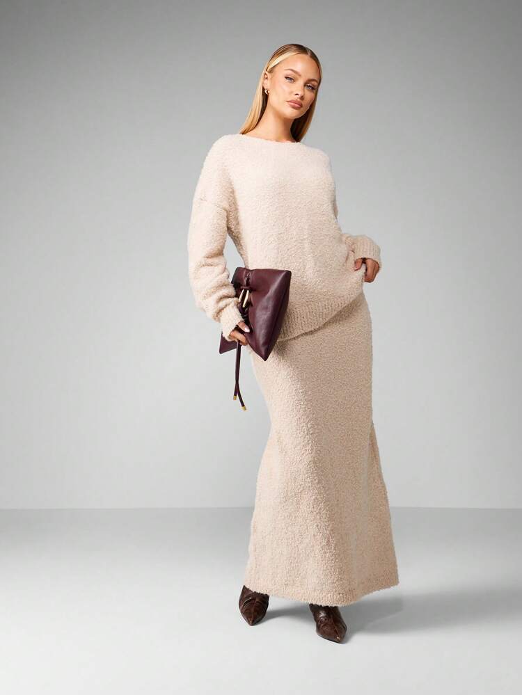 MISSGUIDED Boucle Knit Balloon Sleeve Two Piece Set Maxi Skirt Winter Fall Sweater Co Ord Loungewear Luxury Knitwear High Waisted Cozy Textured Holiday Party Occasion