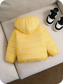 SHEIN 男婴黑色冬季保暖连帽拉链羽绒服，休闲百搭，柔软舒适，适合雪地玩耍 - 黃色 - 查看 2