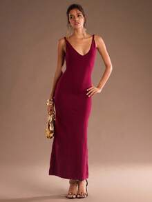 SHEIN Glamour Elegantes rotes rückenfreies Twist-Strickkleid für Herbst/Winter, Unterziehshirt zum Layering - Bordeaux - Übersicht 7