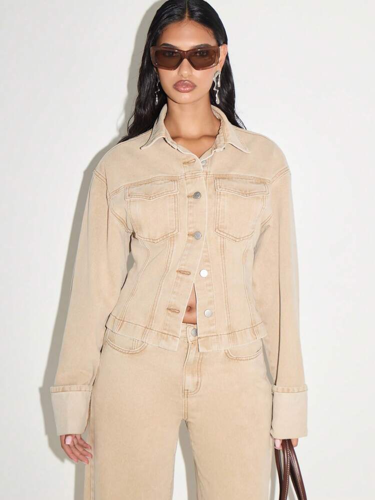 KIZN Light Wash Denim Trucker Jacket With Button Closure