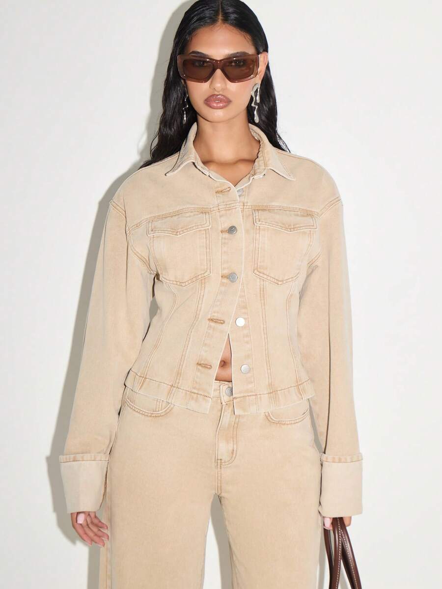 KIZN Classic Fitted Light Denim Jacket Western Style Button Front Trucker Casual Fashion Outerwear Long Sleeve Autumn Spring Everyday Wear - Apricot - View 1