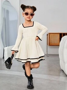 SHEIN 年轻女孩纯色方领喇叭袖迷你 Y2K 长袖连衣裙，适合春秋季日常穿着 - 彩色 - 查看 2