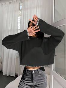 EURMUSE Lỏng lẻo phù hợp Vòng cổ Áo len Với Thả vai - màu đen - Xem 5