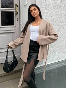 MainGRL Fashionable Versatile Solid Color Lace-Up Woolen Coat, Autumn/Winter Women Blouses Elegant Wrap Tops For Women Tie Front Blouse Tie Front Cardigan Neutral Clothes For Women,Winter Clothes For Women