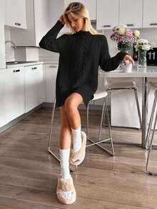 EURMUSE Women's Solid Color Cable Pattern Mini Sweater Dress - Black - View 4