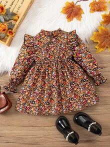 SHEIN Baby Girl Elegant Floral Print Long Sleeve Ruffle Hem Dress Autumn/Winter - Multicolor - View 1