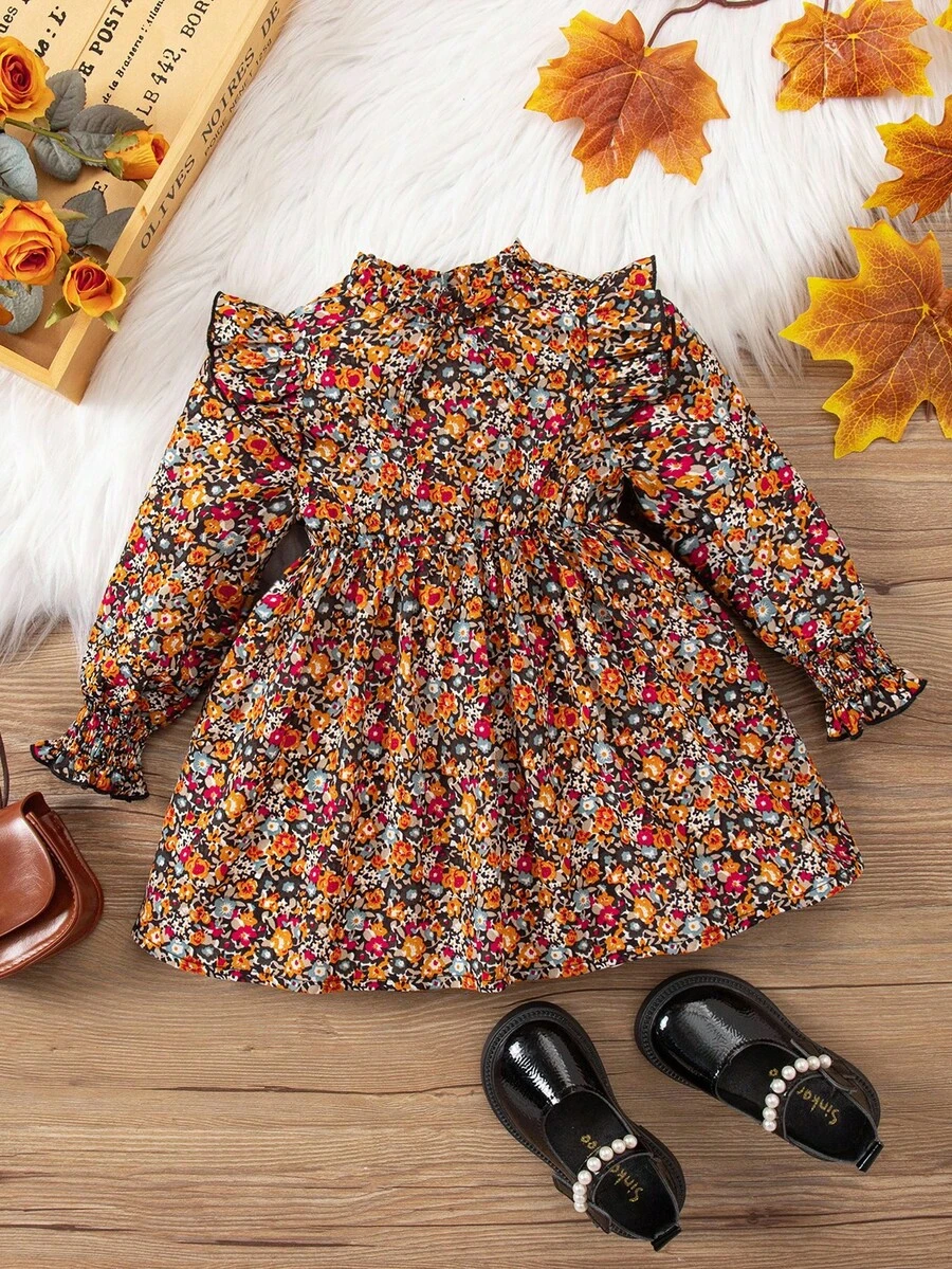 SHEIN Baby Girl Elegant Floral Print Long Sleeve Ruffle Hem Dress Autumn/Winter - Multicolor - View 1
