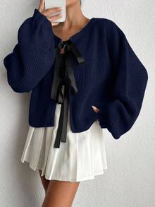 EURMUSE Solid Color Knotted Bow Thick Knit Long Sleeve Cardigan,Cardigans For Women,Petite Cardigans,Cardigans - Navy Blue - View 6