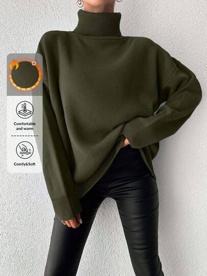 EURMUSE Women Solid Color High Neck Drop Shoulder Long Sleeve Loose Casual Knitted Sweater
