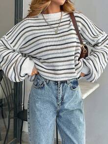 EURMUSE Women Stripe Pattern Round Neck Drop Shoulder Pullover - Multicolor - View 4